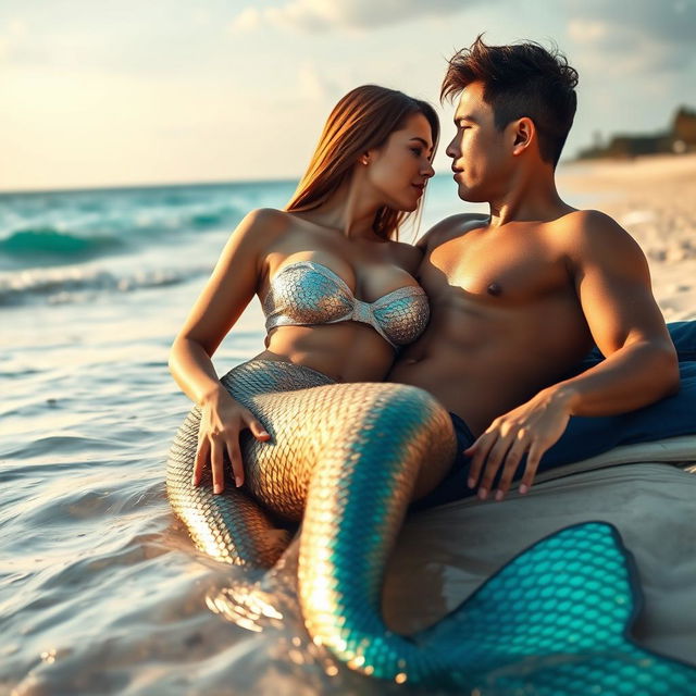 A beautiful and sexy mermaid with straight hair and an Asian face, positioned beside a man who is reclining at the beach