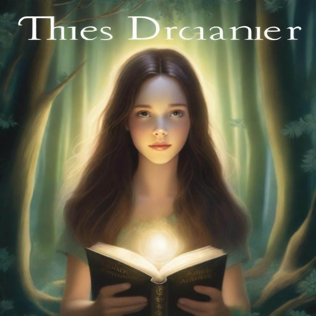 An artistic high-definition image showcasing a girl with long brown hair in a forest, holding a book and surrounded by a glowing ring of light