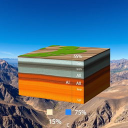 A cross-sectional visual representation of a hypothetical lithosphere composed of 45% iron (Fe), 15% aluminum (Al), 25% silicon (Si), and 15% carbon (C)