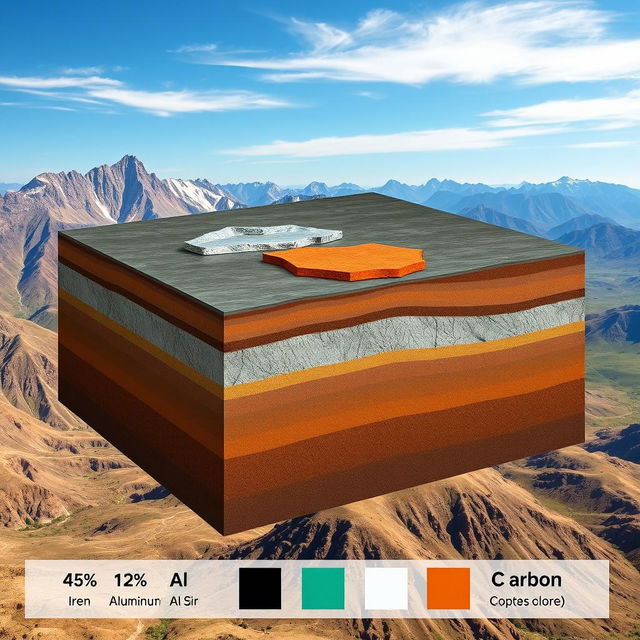 A cross-sectional visual representation of a hypothetical lithosphere composed of 45% iron (Fe), 15% aluminum (Al), 25% silicon (Si), and 15% carbon (C)