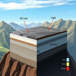 A detailed and visually engaging illustration of a hypothetical lithosphere consisting of 45% iron (Fe), 15% aluminum (Al), 25% silicon (Si), and 15% carbon (C)