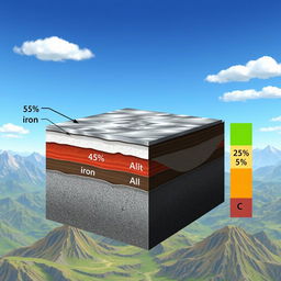 A detailed and visually engaging illustration of a hypothetical lithosphere consisting of 45% iron (Fe), 15% aluminum (Al), 25% silicon (Si), and 15% carbon (C)