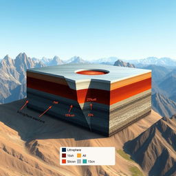 A detailed and visually engaging illustration of a hypothetical lithosphere consisting of 45% iron (Fe), 15% aluminum (Al), 25% silicon (Si), and 15% carbon (C)