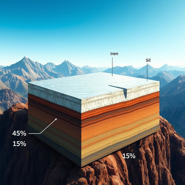 A detailed and visually engaging illustration of a hypothetical lithosphere consisting of 45% iron (Fe), 15% aluminum (Al), 25% silicon (Si), and 15% carbon (C)