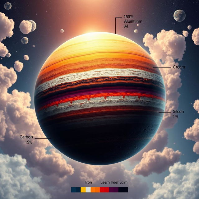 A detailed illustration of a planet showcasing a hypothetical lithosphere with a composition of 45% iron (Fe), 15% aluminum (Al), 25% silicon (Si), and 15% carbon (C)