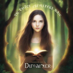 An artistic high-definition image showcasing a girl with long brown hair in a forest, holding a book and surrounded by a glowing ring of light