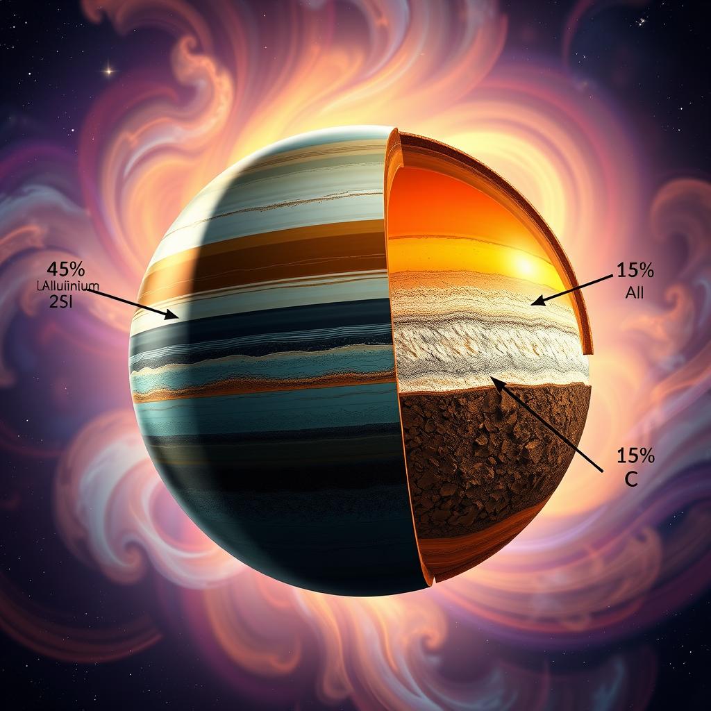 An artistic representation of a planet showcasing a developed lithosphere with a composition of 45% iron (Fe), 15% aluminum (Al), 25% silicon (Si), and 15% carbon (C)