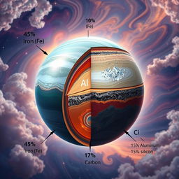 An artistic representation of a planet showcasing a developed lithosphere with a composition of 45% iron (Fe), 15% aluminum (Al), 25% silicon (Si), and 15% carbon (C)