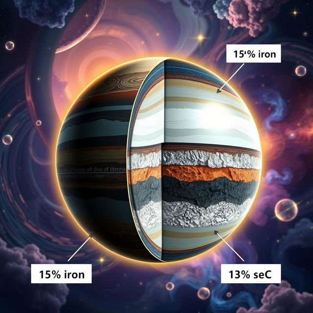 An artistic representation of a planet showcasing a developed lithosphere with a composition of 45% iron (Fe), 15% aluminum (Al), 25% silicon (Si), and 15% carbon (C)