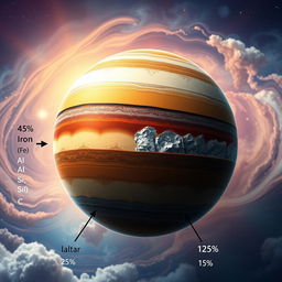 An artistic representation of a planet showcasing a developed lithosphere with a composition of 45% iron (Fe), 15% aluminum (Al), 25% silicon (Si), and 15% carbon (C)
