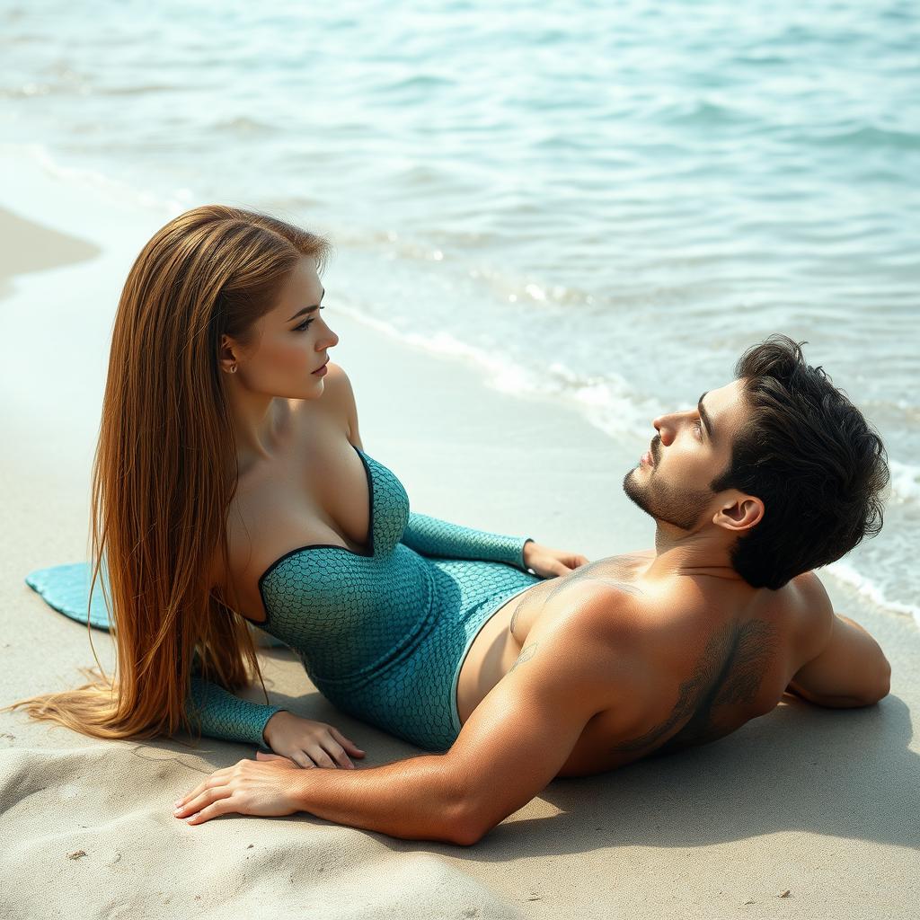 A beautiful and sexy mermaid with straight hair, revealing her stunning features, looking at a man lounging at the beach