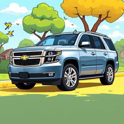 A cartoon-style illustration of a 2015 Chevy Tahoe LTZ, featuring exaggerated proportions and vibrant colors