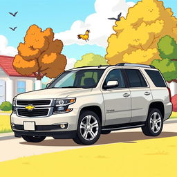 A cartoon-style illustration of a 2015 Chevy Tahoe LTZ, featuring exaggerated proportions and vibrant colors