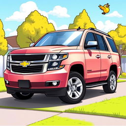 A cartoon-style illustration of a 2015 Chevy Tahoe LTZ, featuring exaggerated proportions and vibrant colors