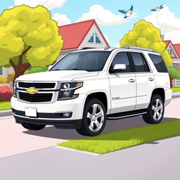 A cartoon-style illustration of a white 2015 Chevy Tahoe LTZ, featuring exaggerated proportions and vibrant colors
