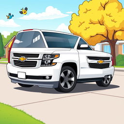 A cartoon-style illustration of a white 2015 Chevy Tahoe LTZ, featuring exaggerated proportions and vibrant colors