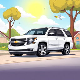 A cartoon-style illustration of a white 2015 Chevy Tahoe LTZ, featuring exaggerated proportions and vibrant colors