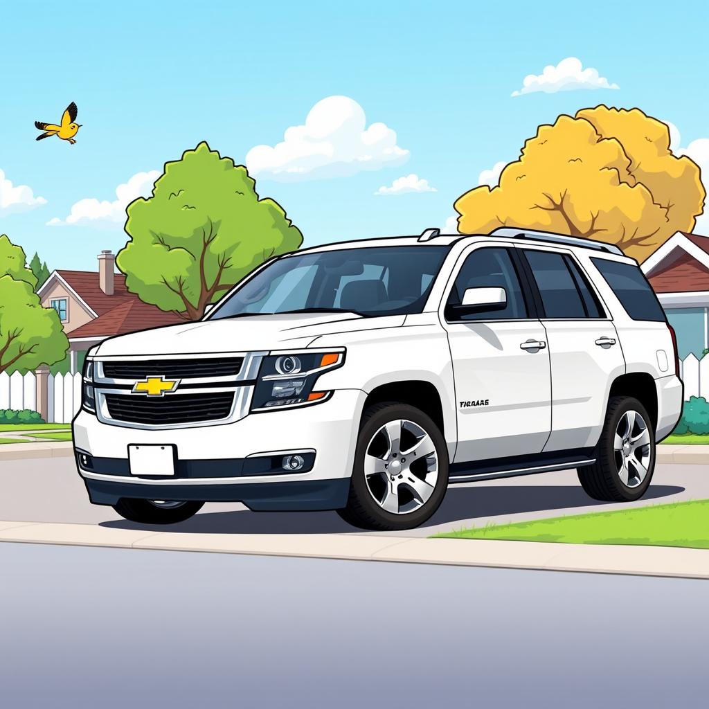 A cartoon-style illustration of a white 2015 Chevy Tahoe LTZ, featuring exaggerated proportions and vibrant colors