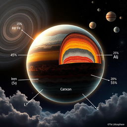 An imaginative depiction of a planet with a developed lithosphere based on a detailed composition of 45% iron (Fe), 15% aluminum (Al), 25% silicon (Si), and 15% carbon (C)