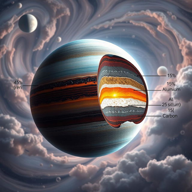 An imaginative depiction of a planet with a developed lithosphere based on a detailed composition of 45% iron (Fe), 15% aluminum (Al), 25% silicon (Si), and 15% carbon (C)