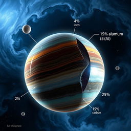 An imaginative depiction of a planet with a developed lithosphere based on a detailed composition of 45% iron (Fe), 15% aluminum (Al), 25% silicon (Si), and 15% carbon (C)