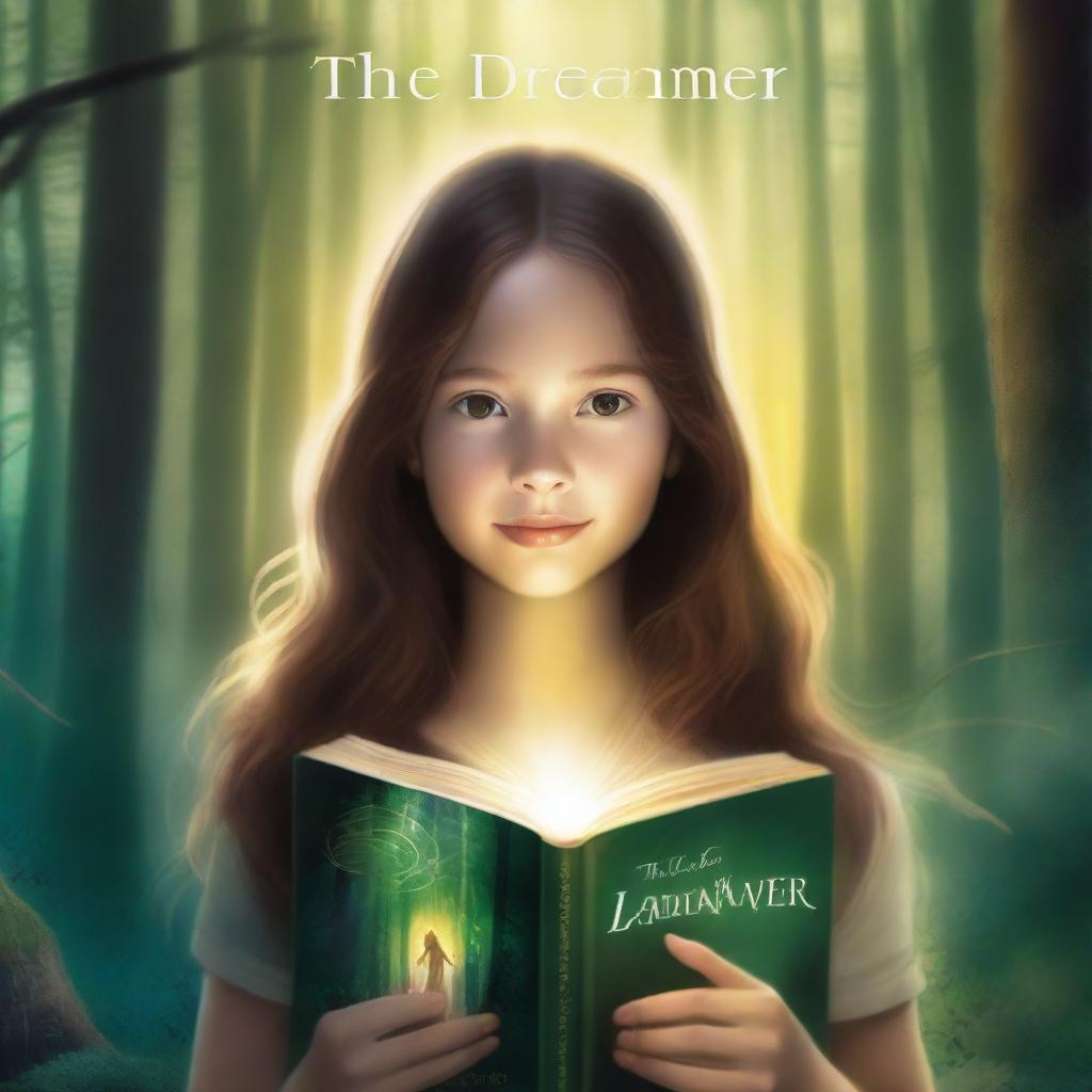 An artistic high-definition image showcasing a girl with long brown hair in a forest, holding a book and surrounded by a glowing ring of light