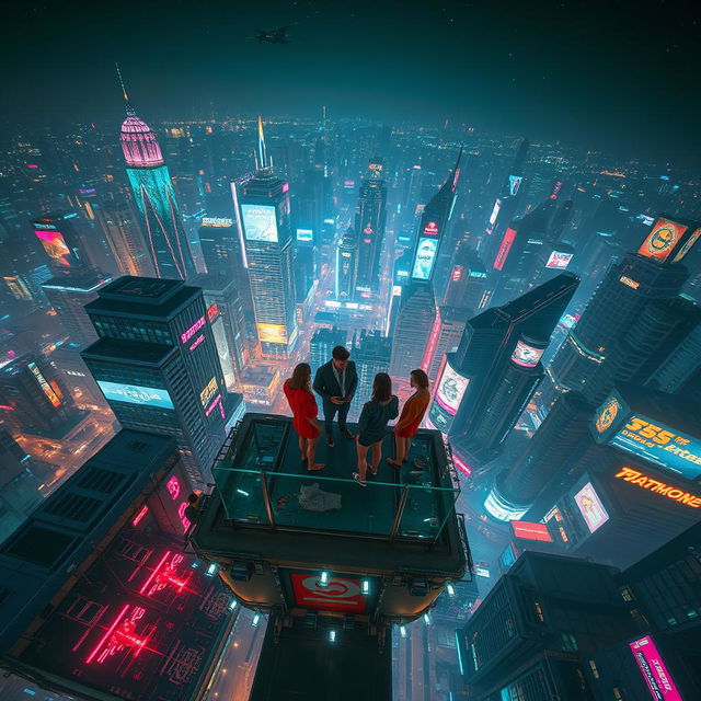 A breathtaking aerial view looking down on a group of six people gathered on the roof of a towering building in a cyberpunk city