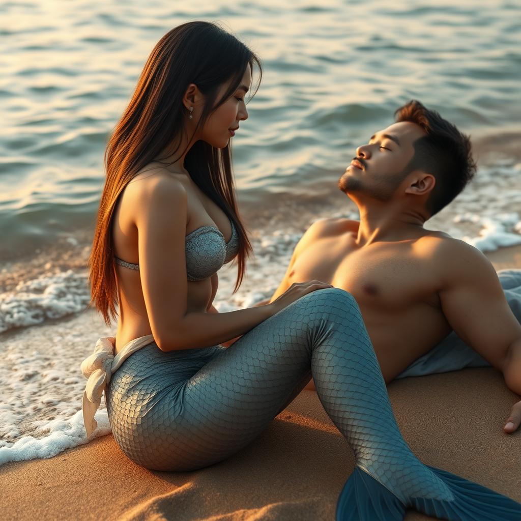 A beautiful and sexy mermaid with straight hair and an Asian face, sitting next to a human man who is lying on the beach