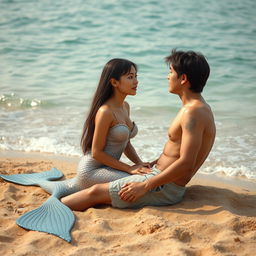 A beautiful and sexy mermaid with straight hair and an Asian face, sitting next to a human man who is lying on the beach