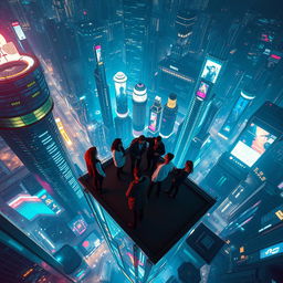 A breathtaking aerial view looking down on a group of six people gathered on the roof of a towering building in a cyberpunk city