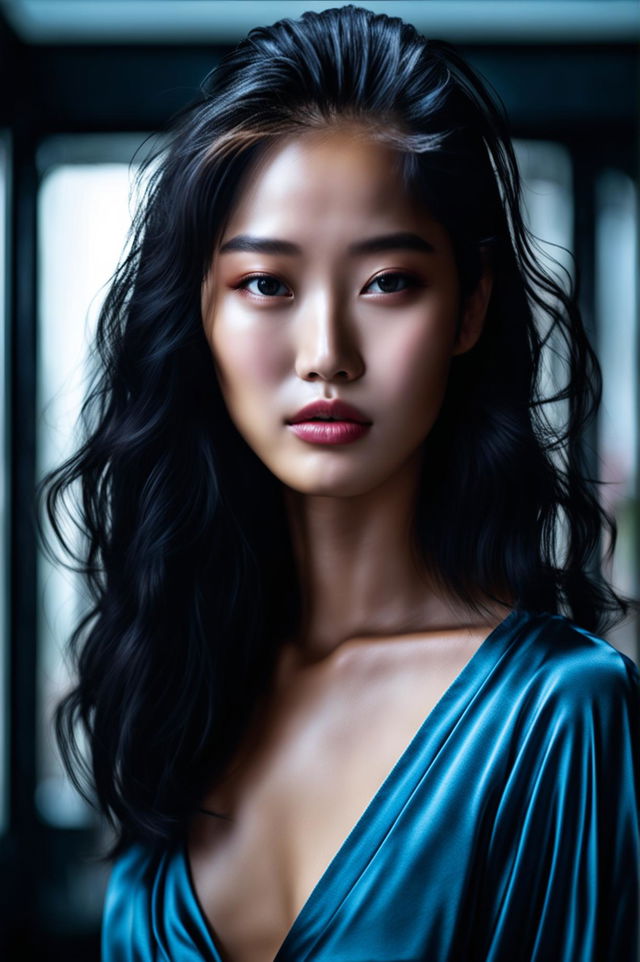 A high-quality 32k image captured through a 200mm lens featuring a Korean supermodel in her early 30s