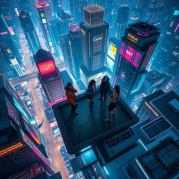 A breathtaking aerial view looking down on a group of six people gathered on the roof of a towering building in a cyberpunk city