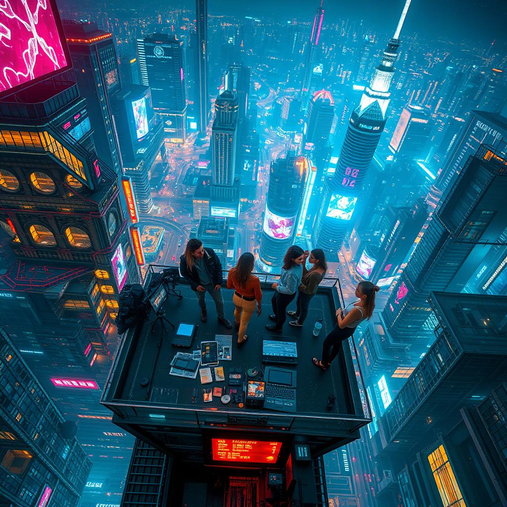 A breathtaking aerial view looking down on a group of six people gathered on the roof of a towering building in a cyberpunk city