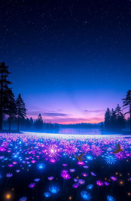A breathtaking scene of a glowing landscape at night, featuring a twilight sky sprinkled with twinkling stars