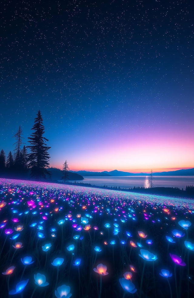 A breathtaking scene of a glowing landscape at night, featuring a twilight sky sprinkled with twinkling stars