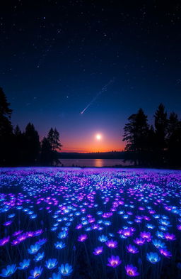 A breathtaking scene of a glowing landscape at night, featuring a twilight sky sprinkled with twinkling stars