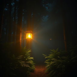 An evocative image depicting a single, radiant light source cutting through the dark surroundings of a dense forest at night