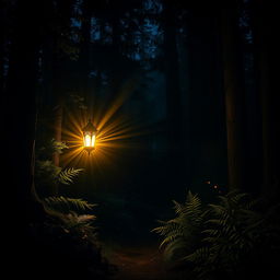 An evocative image depicting a single, radiant light source cutting through the dark surroundings of a dense forest at night