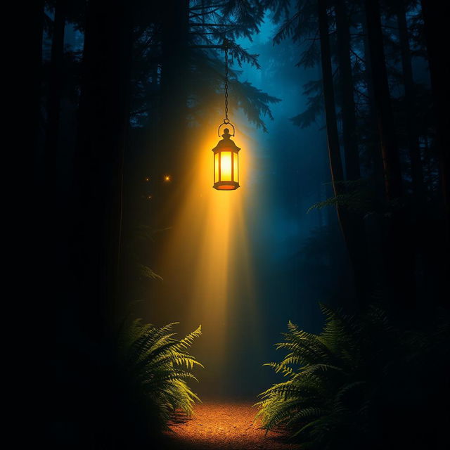 An evocative image depicting a single, radiant light source cutting through the dark surroundings of a dense forest at night