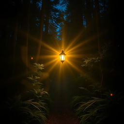 An evocative image depicting a single, radiant light source cutting through the dark surroundings of a dense forest at night