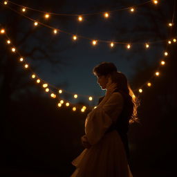 A romantic and intimate scene depicting a couple embracing in a dimly lit environment, surrounded by soft shadows