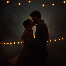 A romantic and intimate scene depicting a couple embracing in a dimly lit environment, surrounded by soft shadows