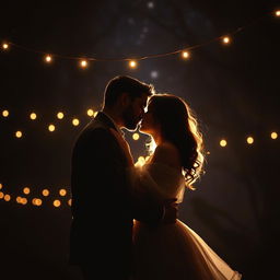 A romantic and intimate scene depicting a couple embracing in a dimly lit environment, surrounded by soft shadows