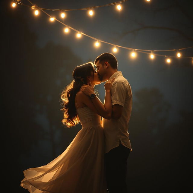 A romantic and intimate scene depicting a couple embracing in a dimly lit environment, surrounded by soft shadows