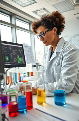 A scientist working diligently in a modern laboratory filled with advanced equipment and scientific research papers scattered around
