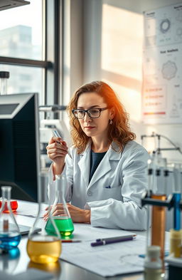 A scientist working diligently in a modern laboratory filled with advanced equipment and scientific research papers scattered around