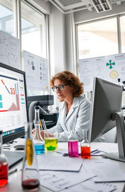 A scientist working diligently in a modern laboratory filled with advanced equipment and scientific research papers scattered around