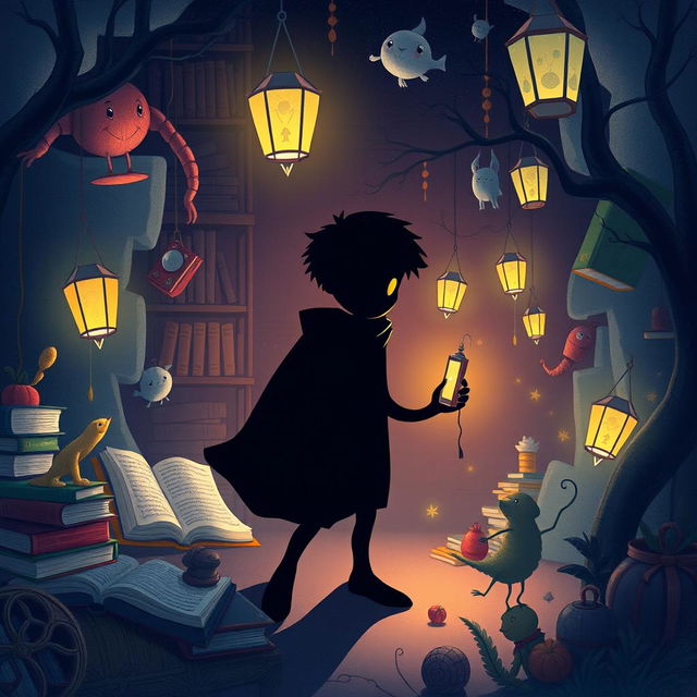 An enchanting illustration based on 'The Secret Life of Shadows,' depicting shadows with unique personalities engaging in lively adventures when humans aren't around