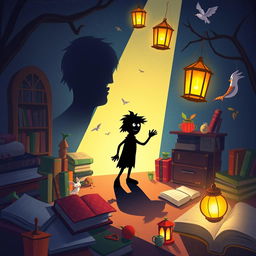 An enchanting illustration based on 'The Secret Life of Shadows,' depicting shadows with unique personalities engaging in lively adventures when humans aren't around