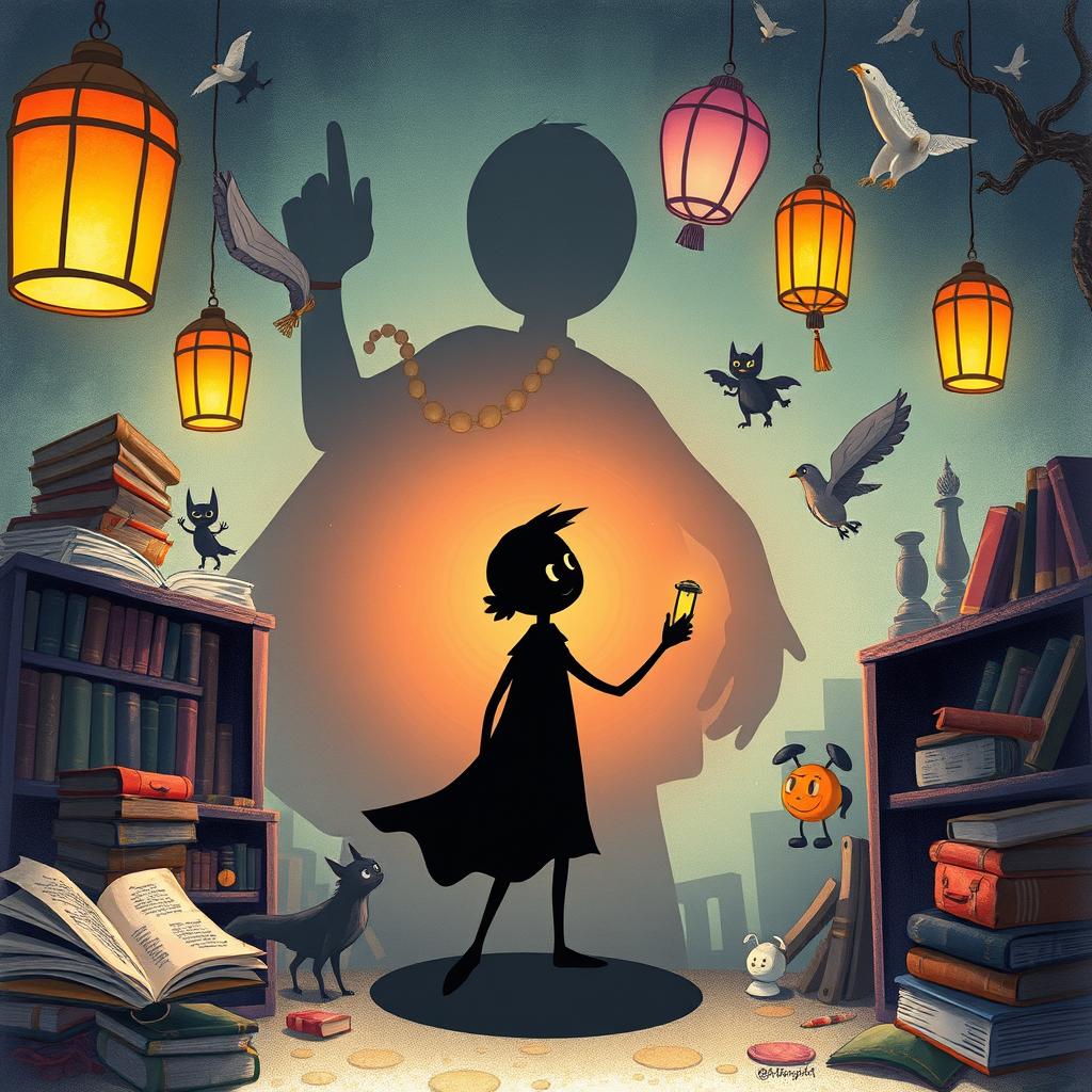 An enchanting illustration based on 'The Secret Life of Shadows,' depicting shadows with unique personalities engaging in lively adventures when humans aren't around